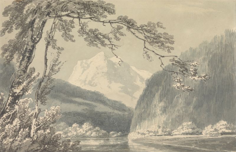 Near Grindelwald de Joseph Mallord William Turner, óleo que muestra nubes turbulentas y montañas.