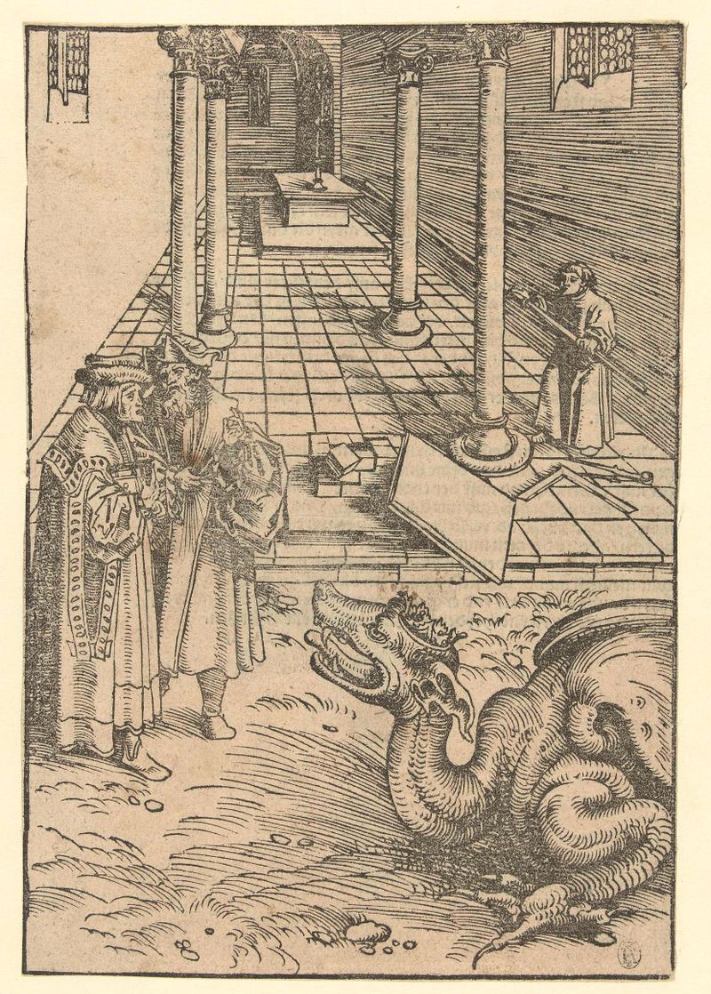 Twee getuigen van God en het Beest de Lucas Cranach, medio papel, presenta dos testigos serenos.