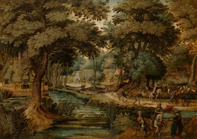 Paisagem de Mattheus Molanus, pintura a óleo que retrata colinas, árvores e luz do sol.