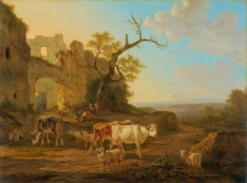 Landscape with Cows near a Ruin by Jacob van Strij, oil painting depicting a serene pasture.