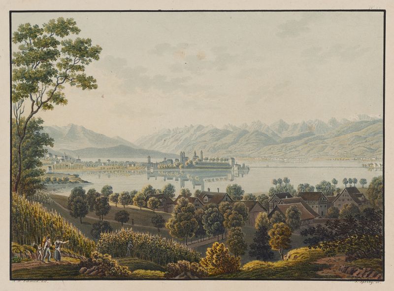 Vue de Rapperschwyl vers Lachen lac de Zurich by David Alois Schmid, oil on canvas, depicting a tranquil lake and mountains.