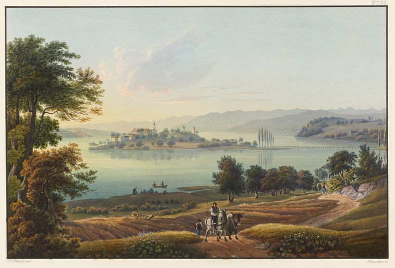 Oil on canvas by Johann Ludwig Bleuler depicting a tranquil lake and distant sky.