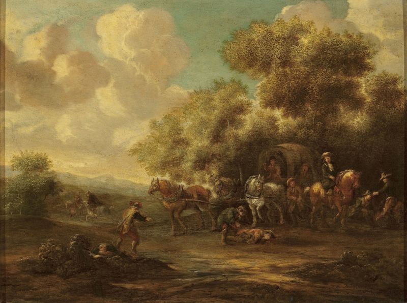 Historical scene depicting weary travelers by Eise Aetes Ruytenbach, oil painting