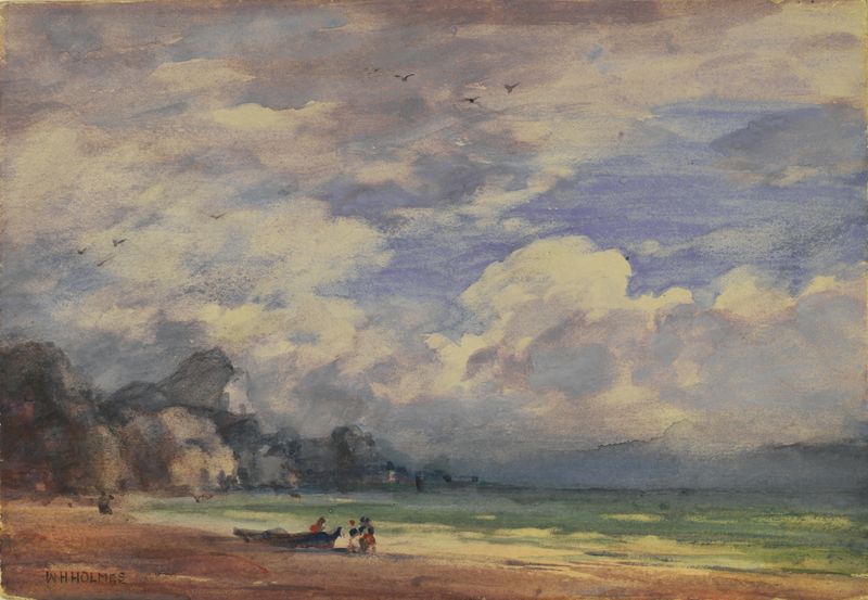 On The California Coast, watercolor on paper by William Henry Holmes, depicting crashing waves and cliffs.