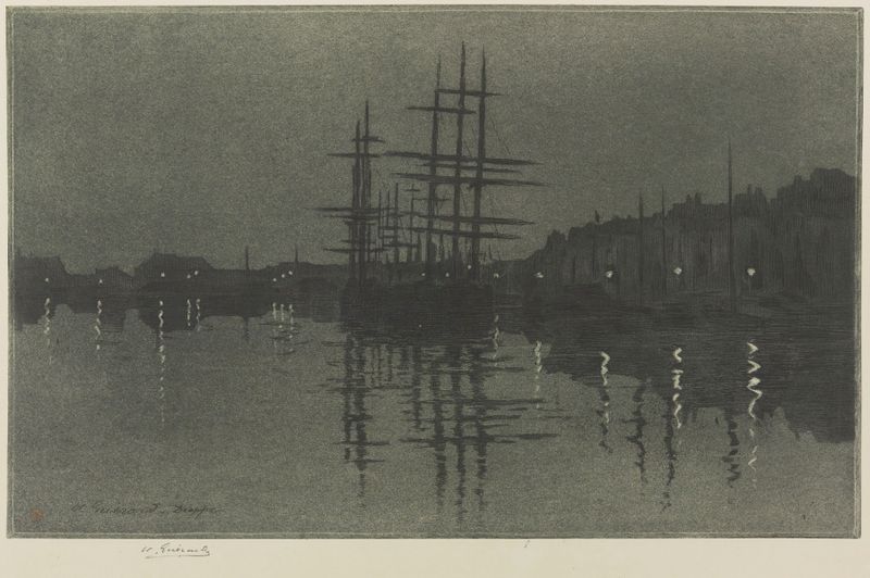 Gravura de Bassin Duquesne, Dieppe por Henri-Charles Guérard mostrando água cintilante e reflexos