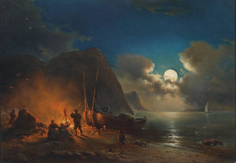 Romantisches Lagerfeuer Im Mondschein by Johann Anton Castell, oil on canvas depicting figures around a campfire.