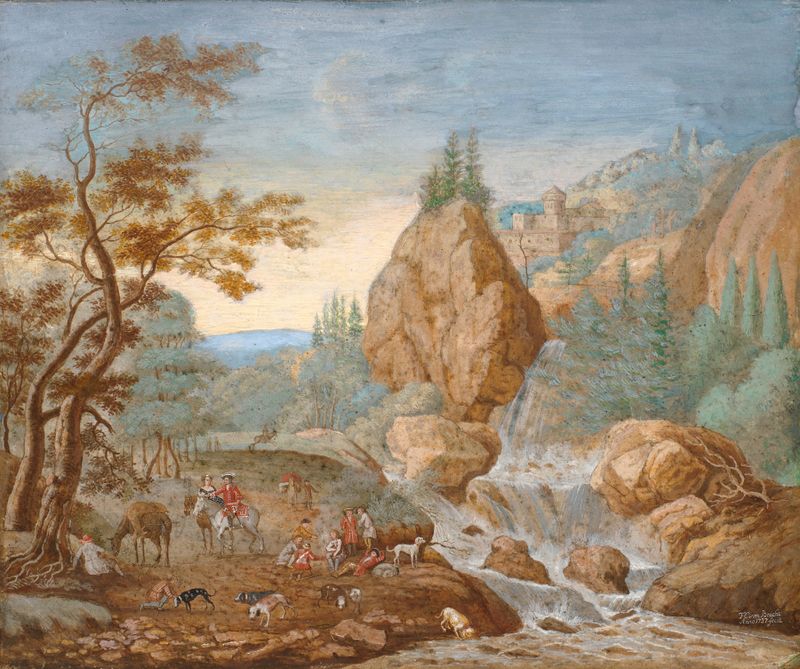 Paisaje montañoso con una fiesta de caza, óleo sobre lienzo de F.C. van Bracht