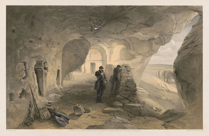Igreja escavada nas cavernas, 1855 de William Simpson, meio desconhecido