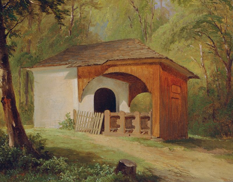 Waldkapelle by Friedrich Hasslwander, oil painting depicting a chapel surrounded by trees.