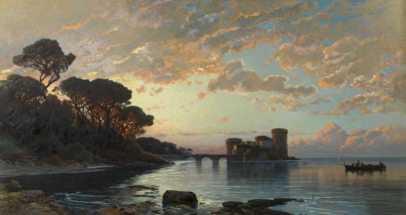 Torre Astura, Nettuno by Hermann David Salomon Corrodi, oil painting of a stone tower by the sea.