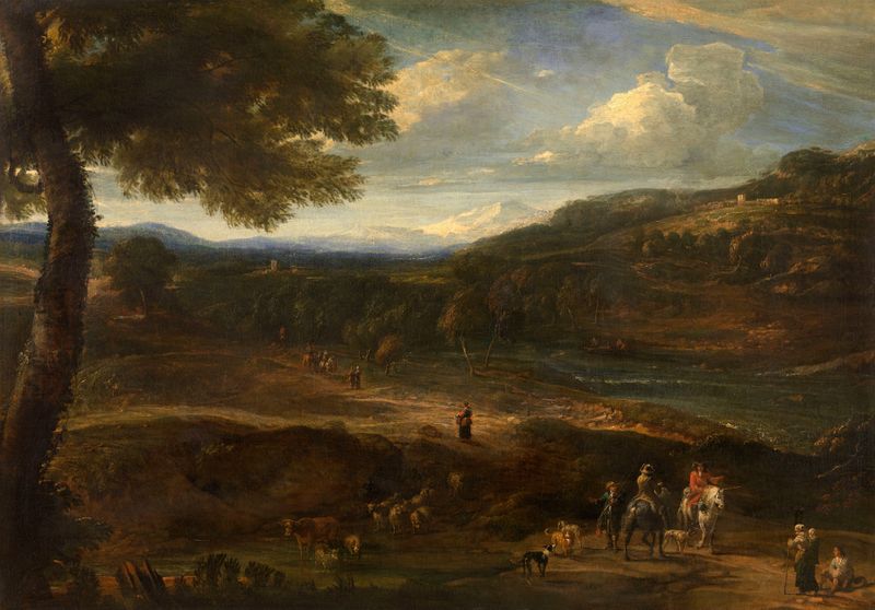 Landscape oil painting by Cornelis Huysmans, featuring rolling hills and a twilight sky.
