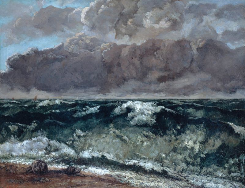 The Wave by Gustave Courbet, oil on canvas depicting crashing waves and ocean power.