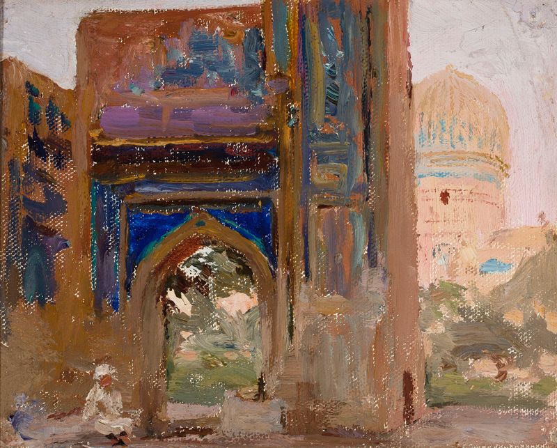 Aquarela de Jan Ciągliński retratando o mausoléu Gur-i Amir com azulejos intrincados