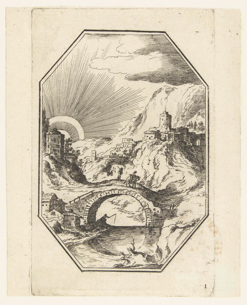 Landschap met stenen brug in octagonaal kader, gravura de Unknown Artist