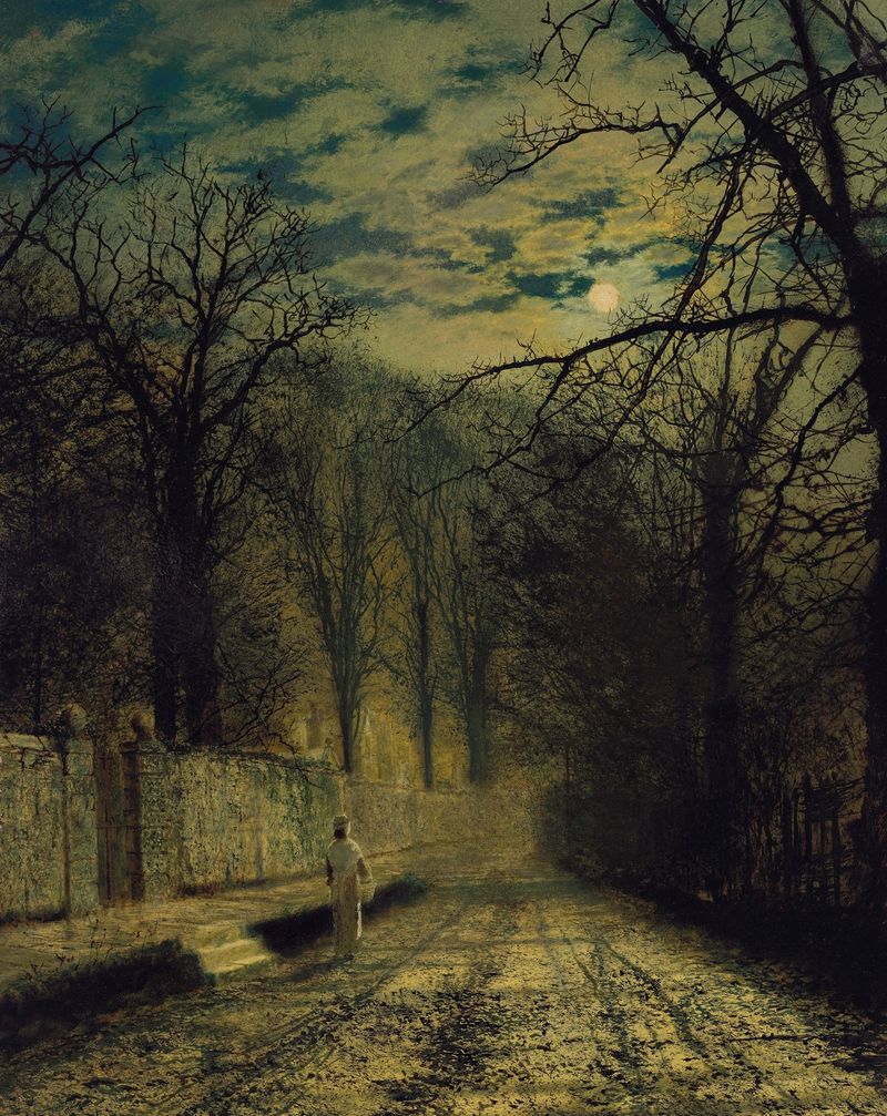 A Moonlit Street óleo de John Atkinson Grimshaw, con una calle de adoquines bajo la luz de la luna.