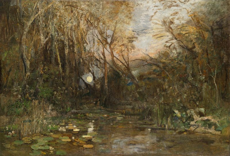 Oil on canvas by Emil Jakob Schindler depicting a moonrise over a river with trees.