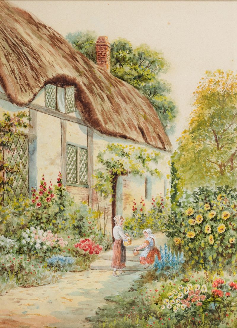 Cottage Garden by Helen Allingham, watercolor on paper, features a cottage surrounded by vibrant flowers.