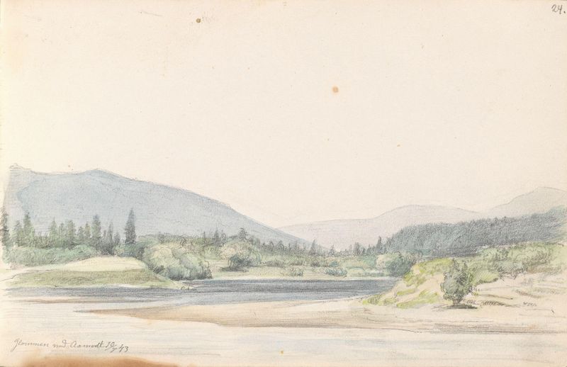 Landscape of Glomma ved Åmot by Adolph Tidemand, oil painting depicting a river and distant hills.
