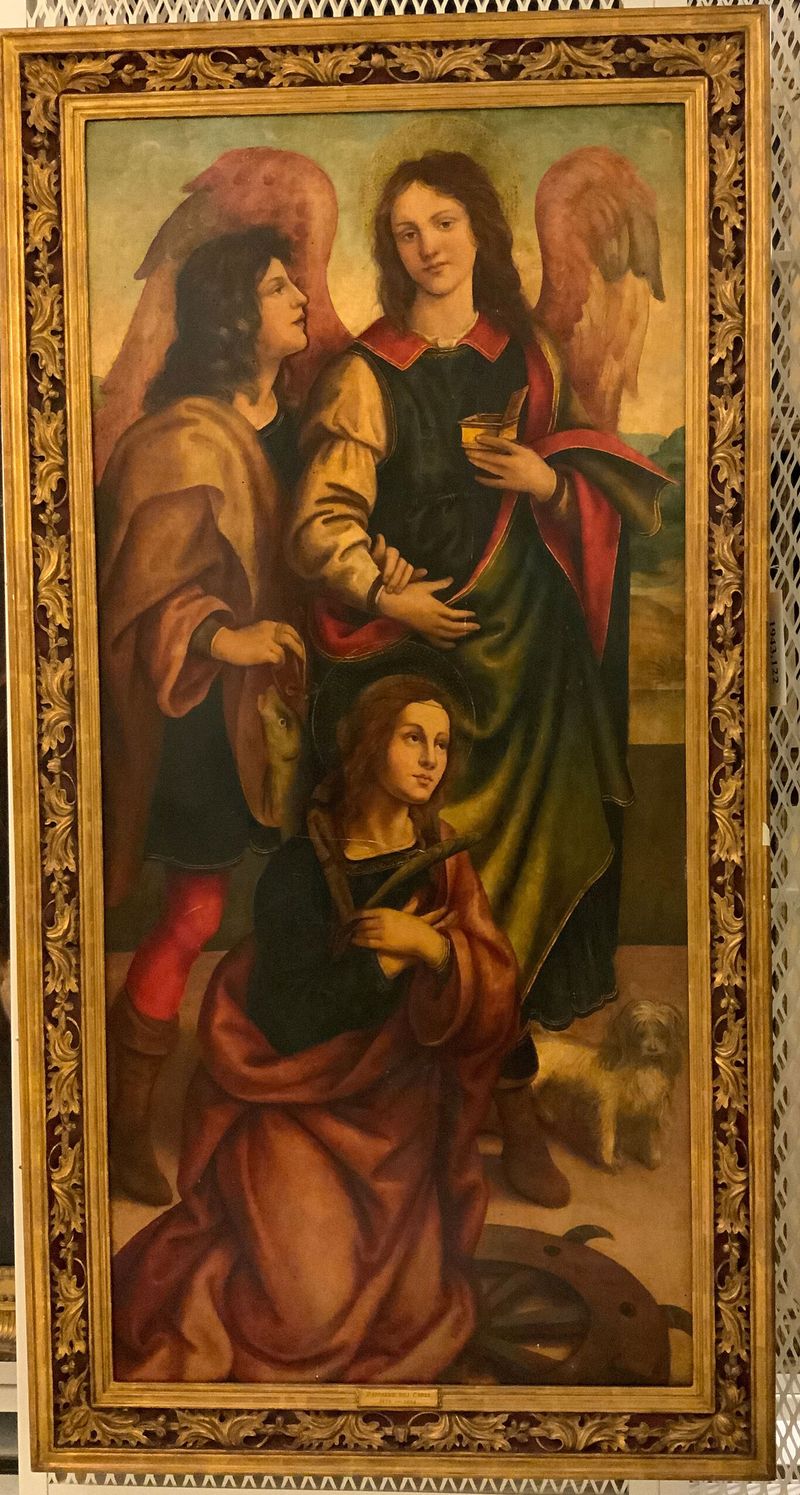 Tobías y el Arcángel Rafael con Santa Catalina, temple sobre panel de Raffaellino del Garbo