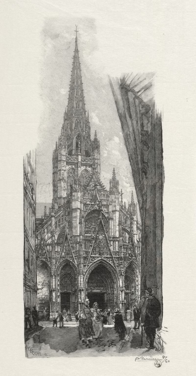 Gravura Eglise Saint Maclon de Auguste Louis Lepère representando uma igreja e o céu