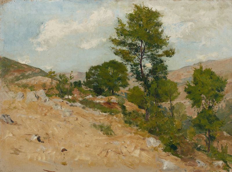 Pintura a óleo de paisagem por Hans Tichy mostrando colinas e um céu pastel