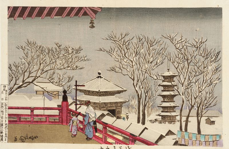 El Templo Sensōji en Nieve, xilografía de Kobayashi Kiyochika