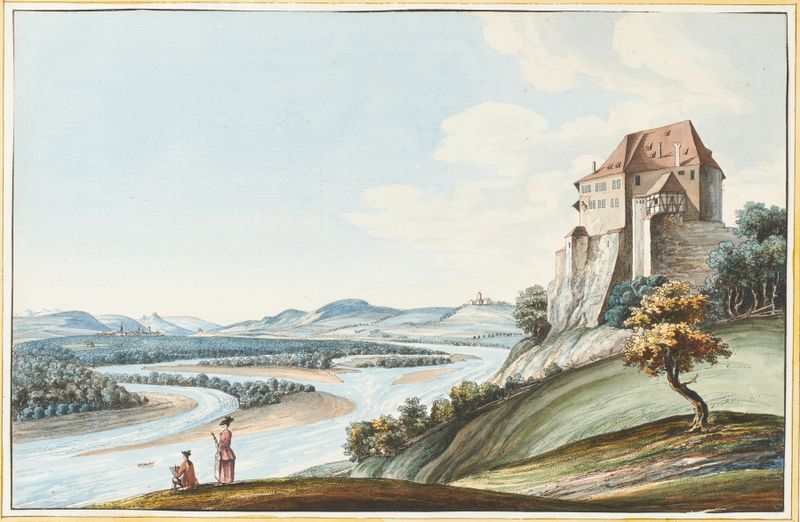 Paisagem com chateau e nuvens tempestuosas, pintura a óleo de Caspar Wolf