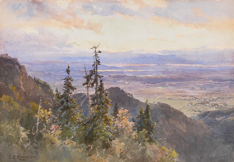 Pintura de paisaje al óleo de Edward Theodore Compton que presenta Kochelsee y colinas distantes.