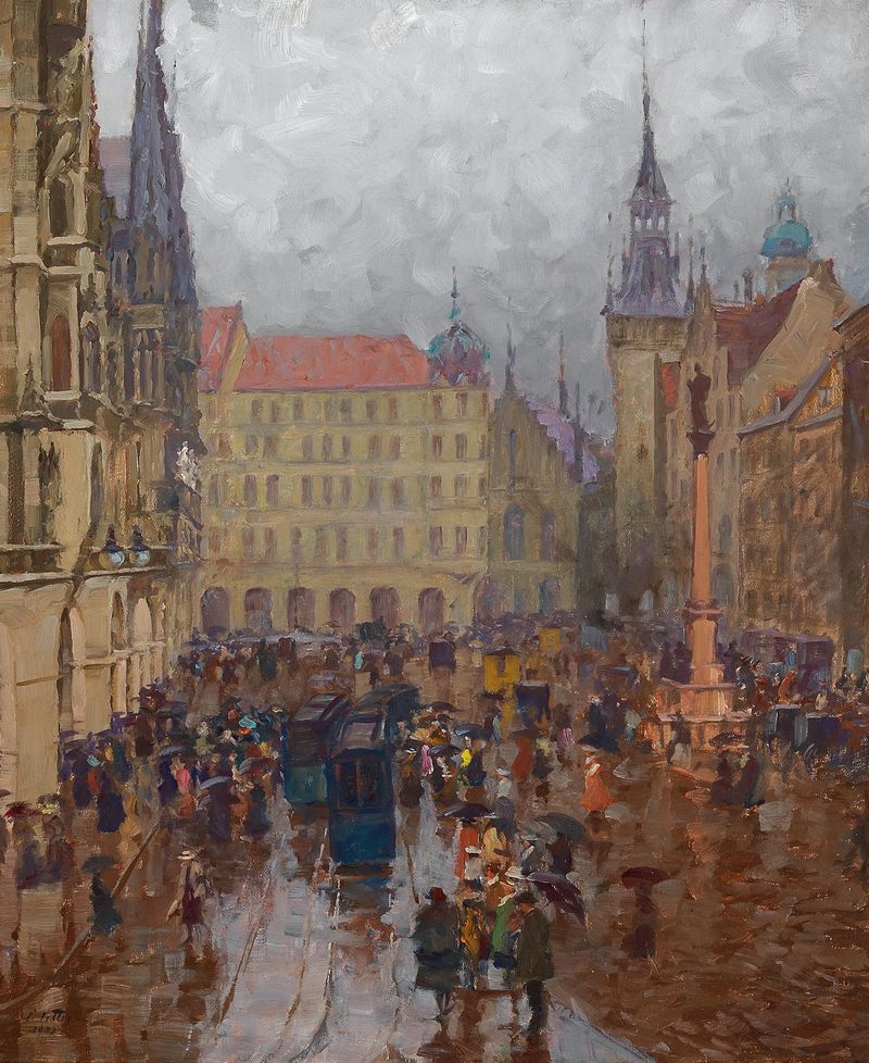Gothic architecture of Marienplatz and old town hall, oil on canvas by Charles Vetter