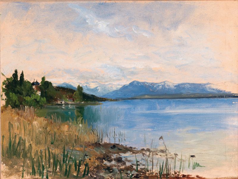 Starnberger See by Emilie Mediz-Pelikan, oil on canvas depicting a tranquil lake at sunset.
