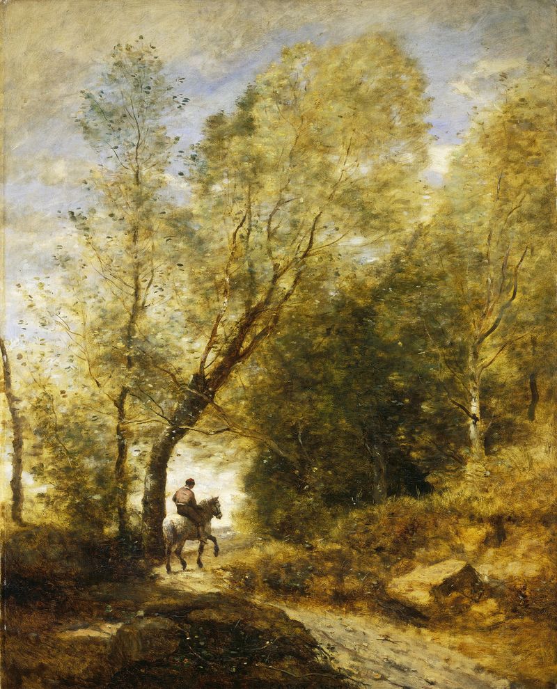 El Bosque de Coubron, pintura al óleo de Jean-Baptiste-Camille Corot, que representa un bosque tranquilo con luz filtrada.