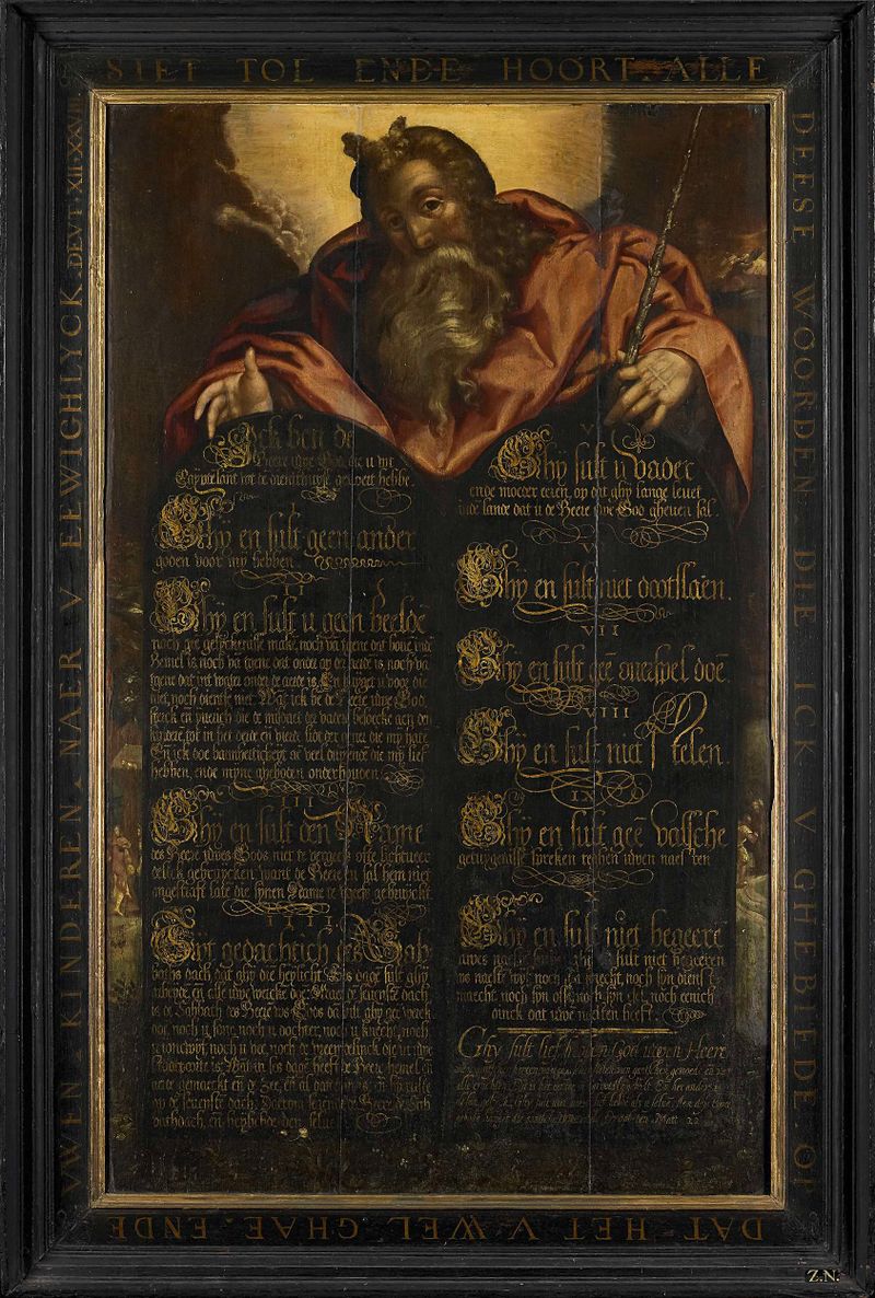 Moisés mostrando as Tábuas da Lei com caligrafia, óleo sobre painel de artista desconhecido