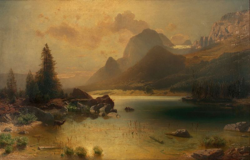 Hintersee bei Berchtesgaden by Eugen Jettel, oil painting of a serene lake and misty mountains