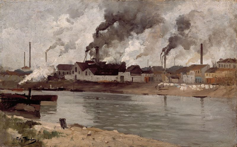 Factories in Ivry de Frits Thaulow, óleo que muestra fábricas, río y humo