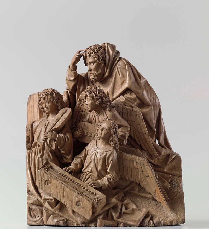 Sculpture of Mary, Joseph and three angels by Adriaen van Wesel, oak medium.