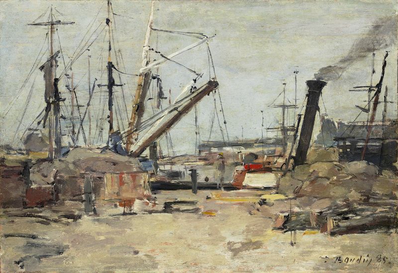 The Trawlers de Eugène Boudin, pintura al óleo que representa barcos de pesca en el océano.