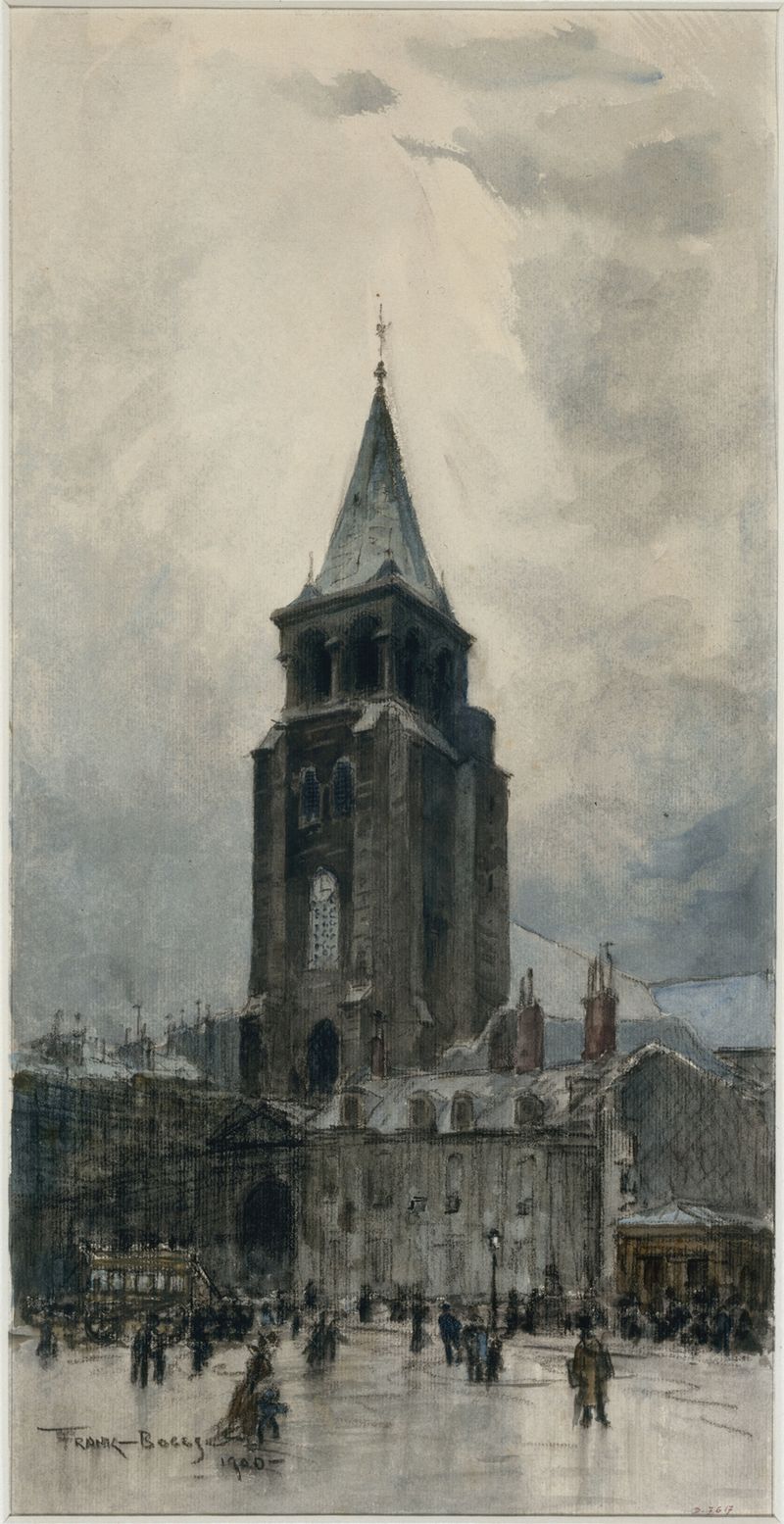 L’église Saint-Germain-des-Prés de Frank Myers Boggs, pintura al óleo que muestra el reflejo de una iglesia en el agua.
