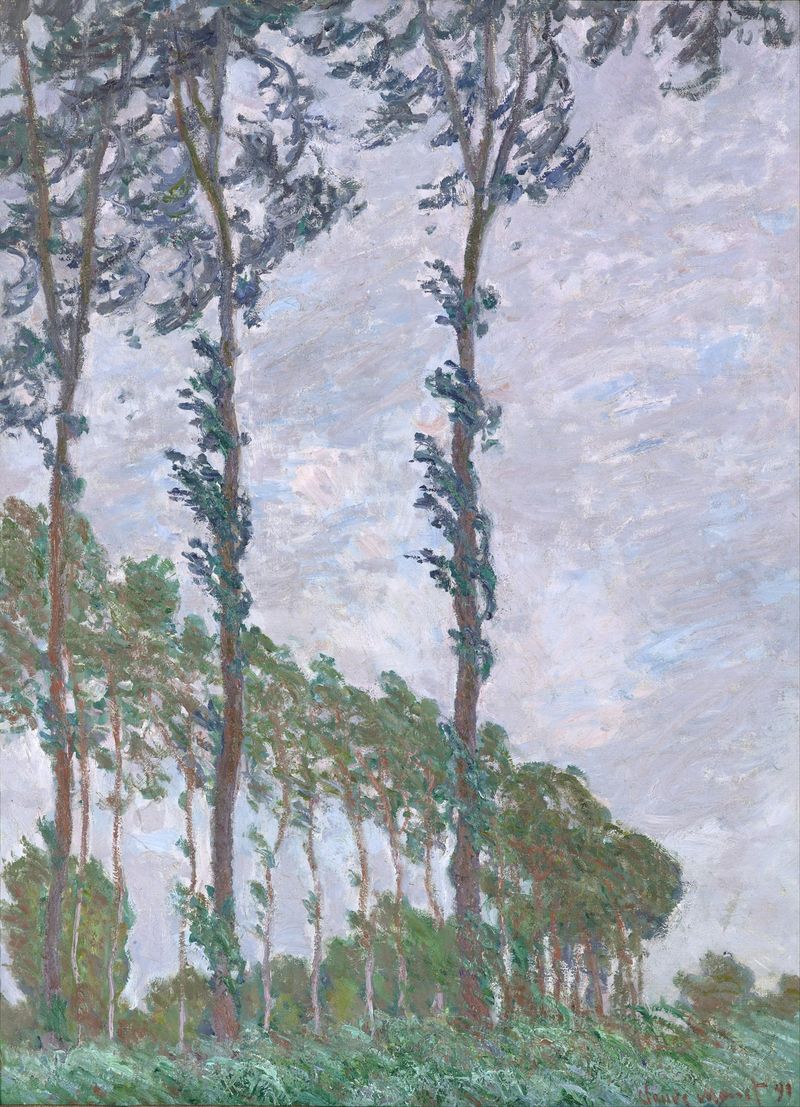 Wind Effect, Series of The Poplars de Claude Monet, óleo que muestra álamos meciéndose.