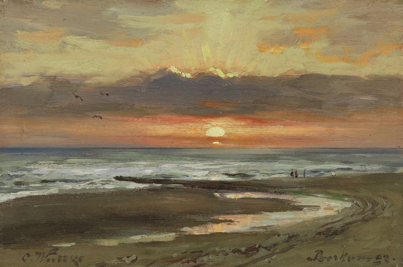 Sonnenuntergang auf Borkum by Carl Wuttke, oil on canvas depicting a sunset over the ocean.