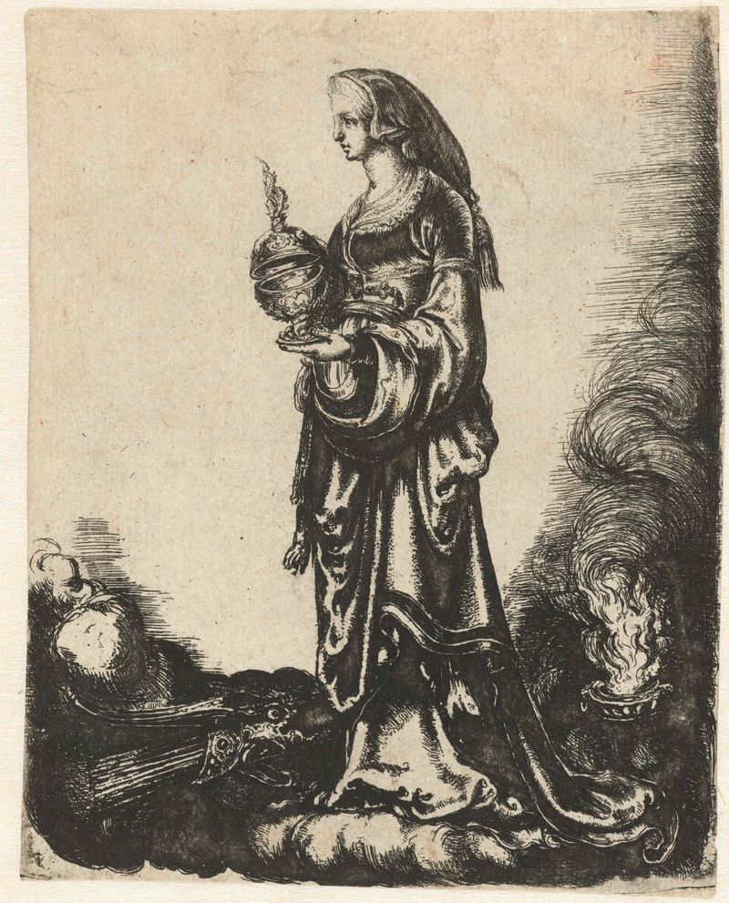 Etching by Adam Elsheimer depicting a confident woman with a bowl standing on a cloud