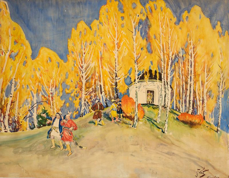 Noblemen in birch wood de Julian Falat, óleo sobre tela retratando bétulas e luz solar.