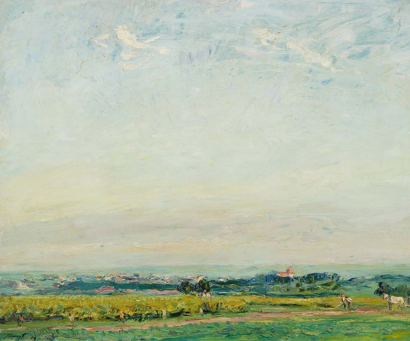 Landscape from Palatinate by Max Slevogt, oil on canvas depicting a tranquil landscape with soft light and clouds.