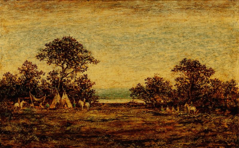 Indian Encampment oil painting by Ralph Albert Blakelock depicting figures around a fire.