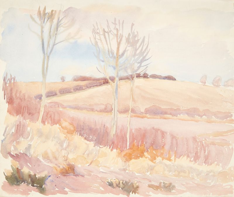Landscape depicting spring with vibrant greens and blues by Peter Hansen