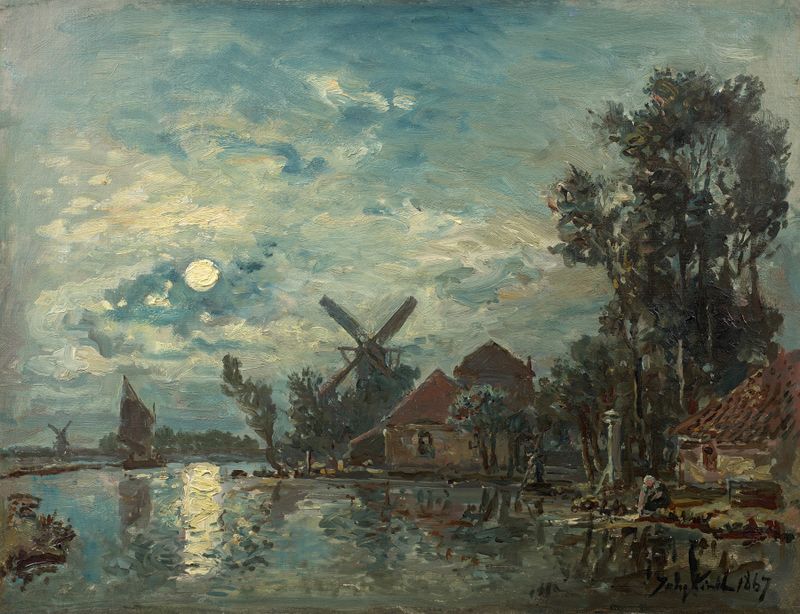 Efecto de luz de luna en el estuario, óleo sobre lienzo de Johan Barthold Jongkind