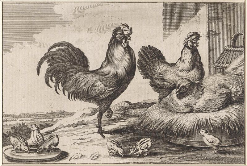 Gravura de Unknown Artist mostrando galinhas e penas em movimento