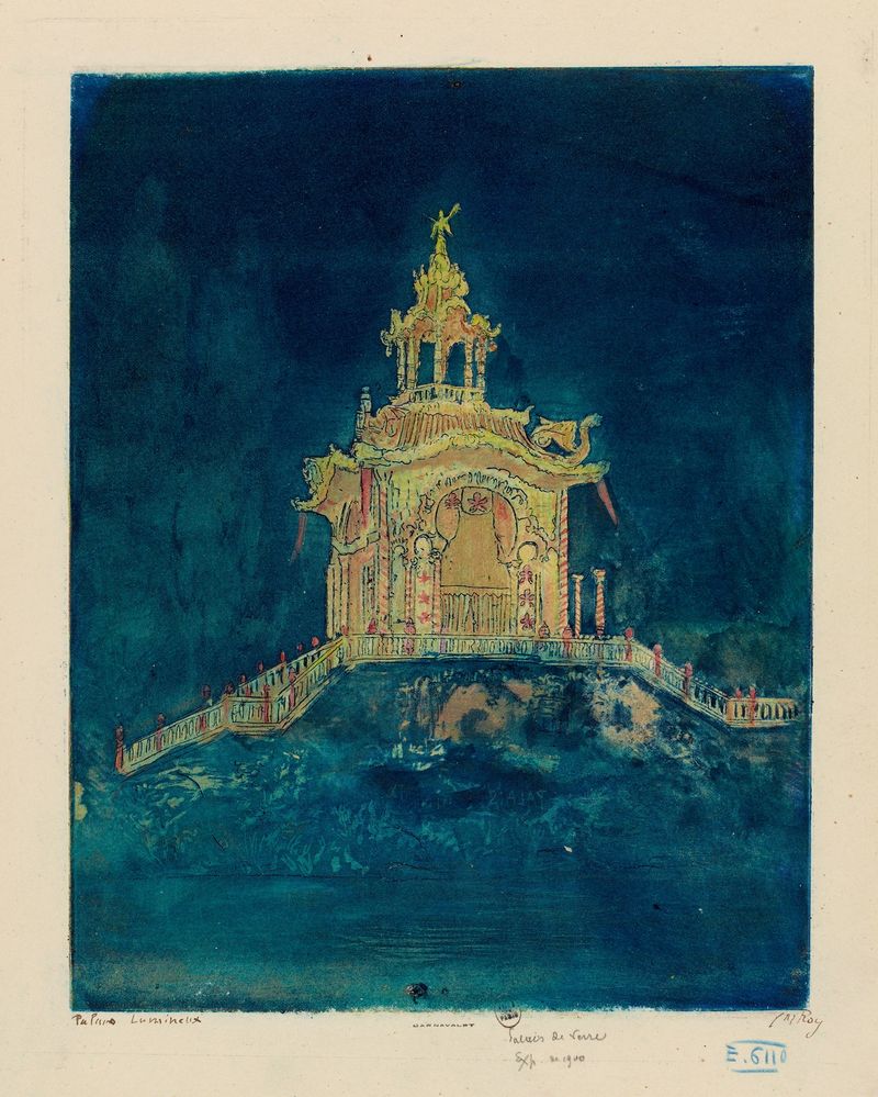 Le pavillon de verre de Pierre-Marcel Roy, óleo sobre lienzo que representa un pabellón transparente en luz etérea.