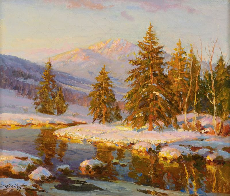 Winter Sunset oil painting by Constantin Westchiloff featuring a colorful twilight sky and silhouettes of trees.