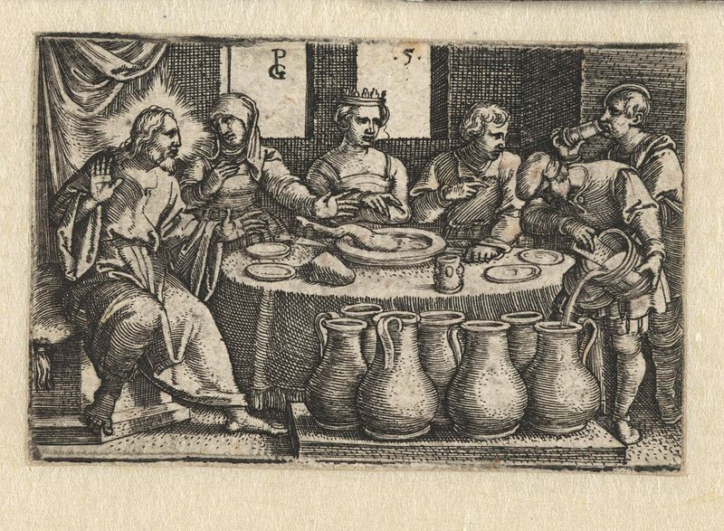 Gravura histórica de Georg Pencz retratando uma cena de casamento com figuras.