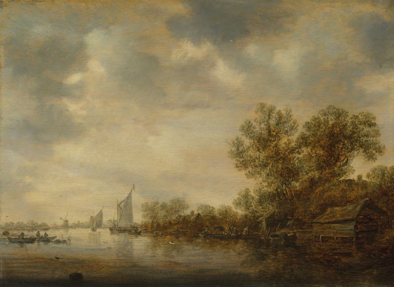 Un paisaje fluvial con barcos de pesca y campesinos, óleo sobre lienzo de Jan van Goyen